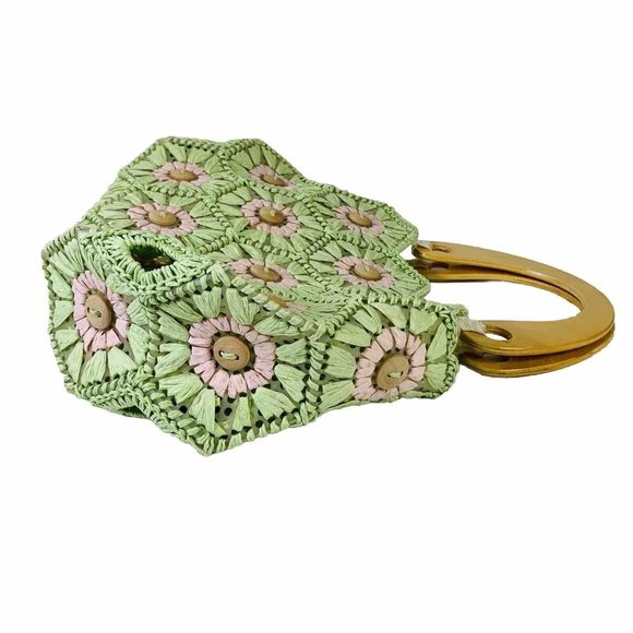 Summer Beach Cottage Straw Button Handbag Flower Lime Pink Wood Handles Purse - Picture 2 of 13